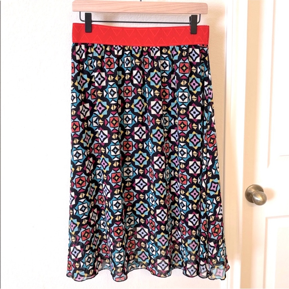 LuLaRoe Lola Geometric Print Midi Skirt Elastic Waist Red Black Blue Size Medium